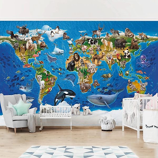 Bilderwelten Kindertapete Weltkarte mit Tieren bunt Gr. 288 x 190 günstig online kaufen