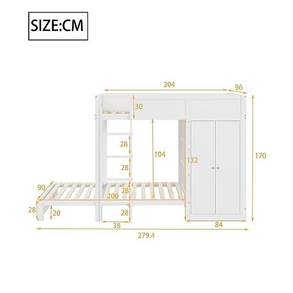 Flieks Etagenbett, Kinderbett 90x200cm mit Kleiderschrank und Sicherheitsle günstig online kaufen