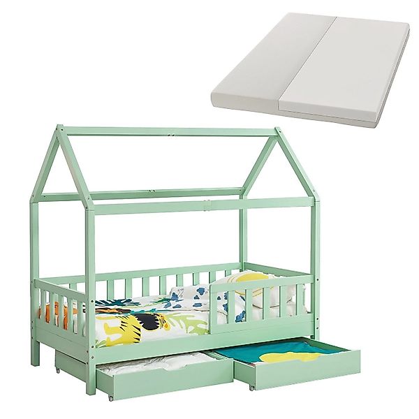Juskys Kinderbett Marli 90 x 200 cm mit Bettkasten und Matratze Mint günstig online kaufen