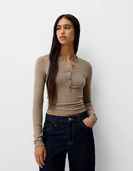 Bershka Pullover Mit Rippmuster Und Knöpfen Damen S Sandfarbe günstig online kaufen