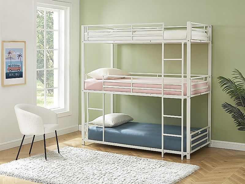 Etagenbett - 3 Personen - 3 x 90 x 190 cm - Metall - Weiß + Matratze - ELOU günstig online kaufen