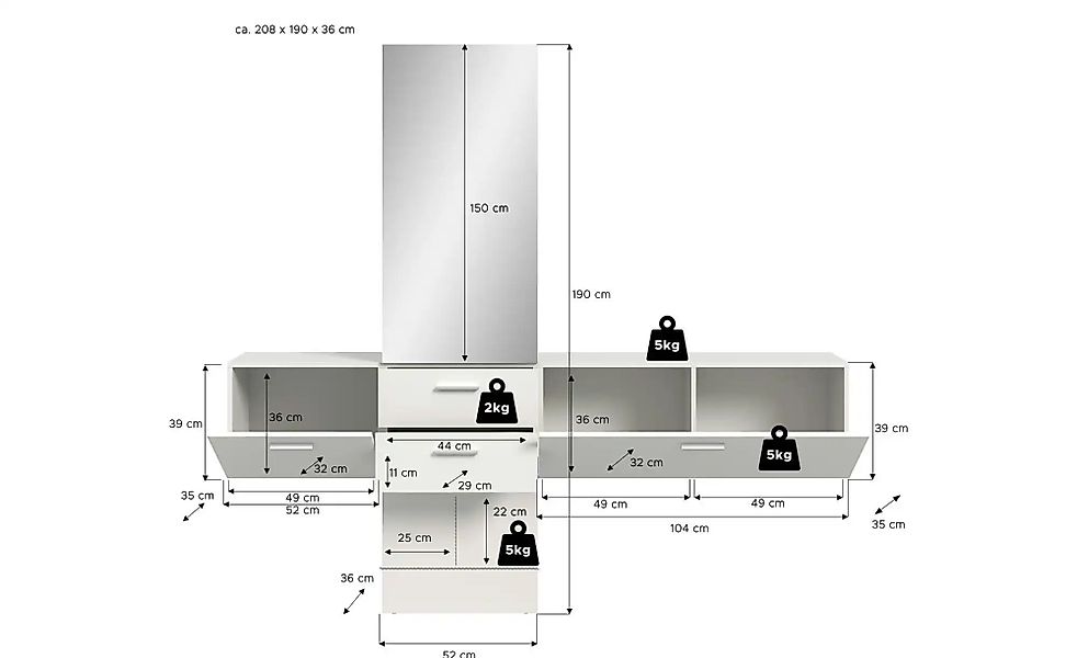 Garderobenkombination   ¦ weiß ¦ Maße (cm): B: 208 H: 190 Garderoben & Klei günstig online kaufen