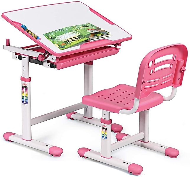 COSTWAY Kinderschreibtisch, mit Stuhl, höhenverstellbar, neigbar, Rosa günstig online kaufen