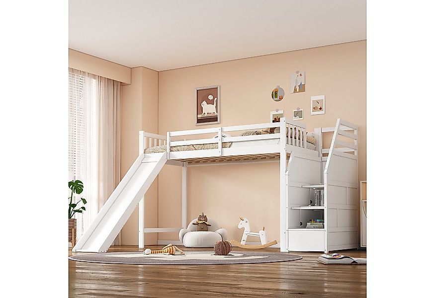 Flieks Hochbett Etagenbett mit oberem Lattenrost, Stauraumtreppe und Rutsch günstig online kaufen