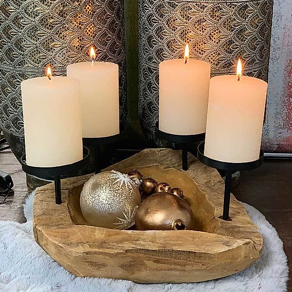 Adventskranz Schale Holz zum Dekorieren 4 Kerzenhalter Tischleuchter Teak R günstig online kaufen