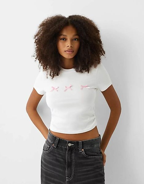 Bershka T-Shirt Mit Kurzen Ärmeln Raffung Und Schleife Damen L Grbrochenes günstig online kaufen