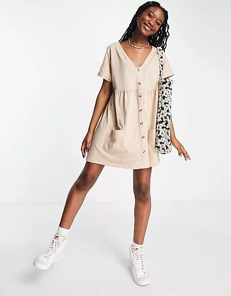 ASOS DESIGN – Mini-Hängerkleid mit Taschen und Knopfleiste in Camel-Braun günstig online kaufen
