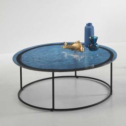 Strukturglas Couchtisch in Blau und Schwarz Ringgestell günstig online kaufen