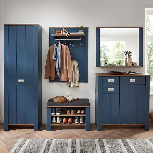 Garderoben Set mit Schuhschrank und Spiegel, blau im Landhausstil mit Eiche günstig online kaufen