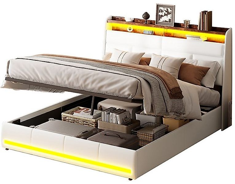 FUROKOY Polsterbett Doppelbett Stauraumbett Hydraulisch anhebbarer mit LED günstig online kaufen