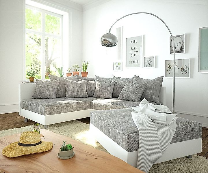 DELIFE Ecksofa Clovis, Weiss Hellgrau mit Hocker Ottomane Links Ecksofa mod günstig online kaufen