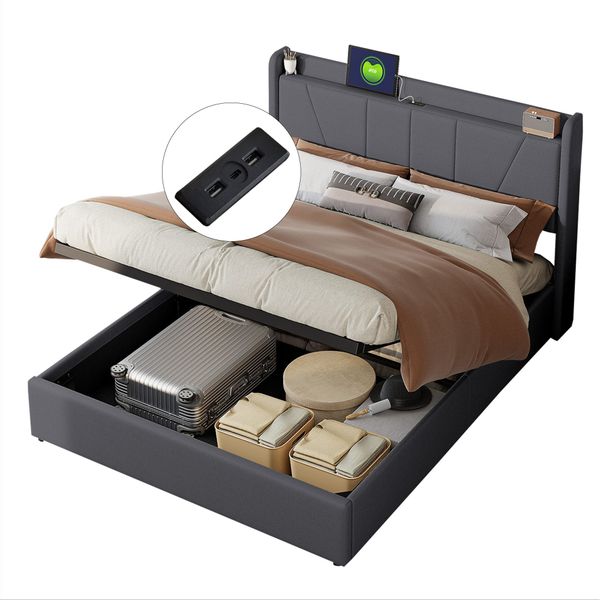 FUROKOY Polsterbett Doppelbett Stauraumbett mit USB/Typ-C günstig online kaufen