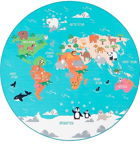 Paco Home Kinderteppich "Bino 564" rund 4 mm Höhe Kurzflor, Motiv Weltkarte günstig online kaufen