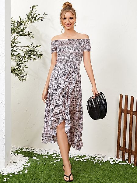 Schulterfrei Calico Ruffle Trim Shirring Kurze Ärmel Maxi Kleid günstig online kaufen