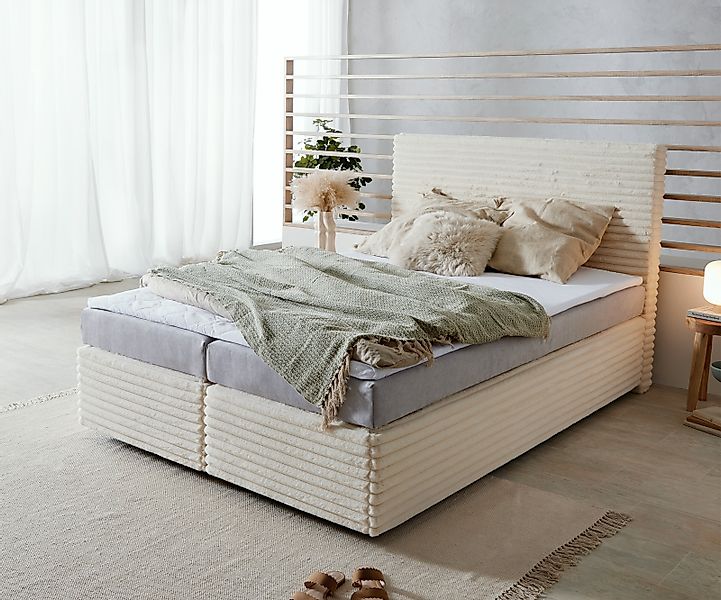 DELIFE Boxspringbett Dream-Well, Plüsch-Cord Beige 140x200 günstig online kaufen