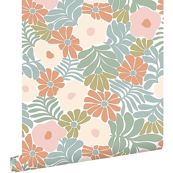 ESTAhome Tapete Blumen im Matisse-Stil Türkis Orange Olivgrün und Beige 50 günstig online kaufen