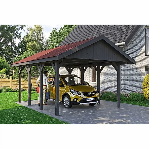 Satteldach-Carport Wallgau Schiefergrau 430 x 600 cm rote Schindeln günstig online kaufen