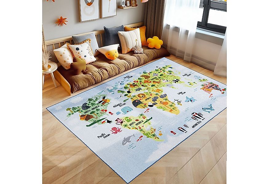 SIMPEX24 Teppich Weltkarte mit Tier Design, Rechteckig, Höhe: 7 mm, Kindert günstig online kaufen