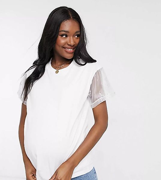 ASOS DESIGN Maternity – Doppellagiges Still-T-Shirt mit bestickten Ärmeln-W günstig online kaufen
