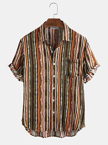 Herren Casual Cotton Striped Patch Pocket Kurzarmhemden günstig online kaufen
