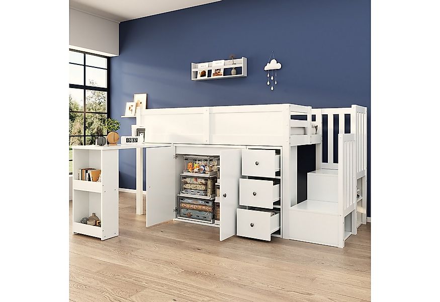 Flieks Hochbett Kinderbett 90x200cm mit ausziehbarem Schreibtisch Schrank S günstig online kaufen