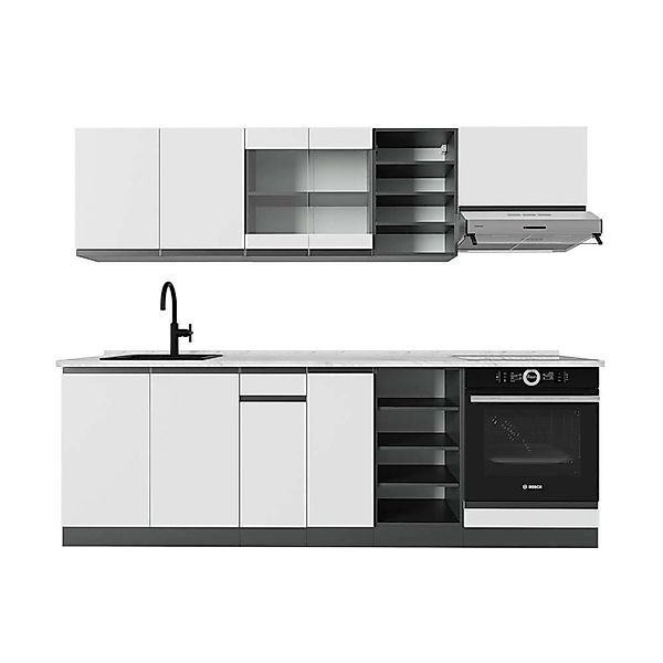 Vicco R-Line Küchenzeile Weiß/Anthrazit 240 cm AP Marmor ohne E-Geräte günstig online kaufen