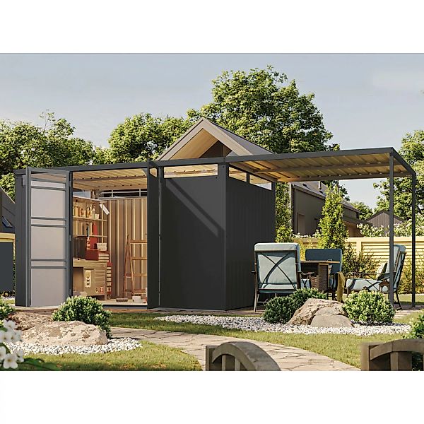 Karibu Gartenhaus Set Mateo 3 Anthrazit mit Anbaudach 225 m Breit 7,95 m² günstig online kaufen