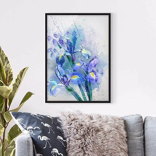 Bild mit Rahmen Blumen - Hochformat Aquarell Blumen Iris günstig online kaufen