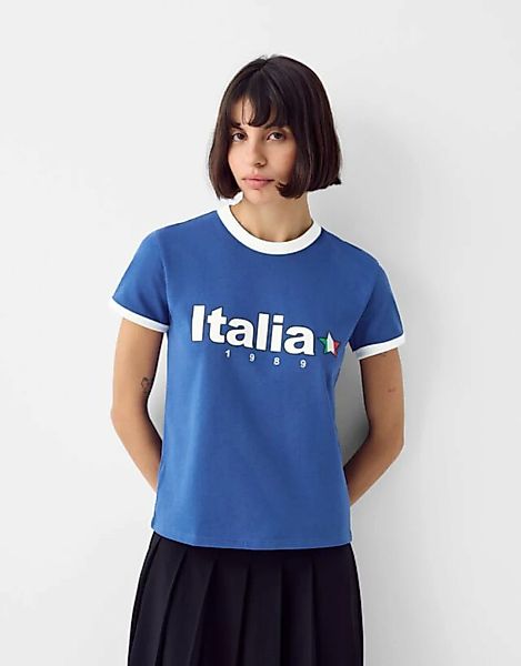 Bershka T-Shirt Mit Print Damen M Ausgewaschenes Blau günstig online kaufen