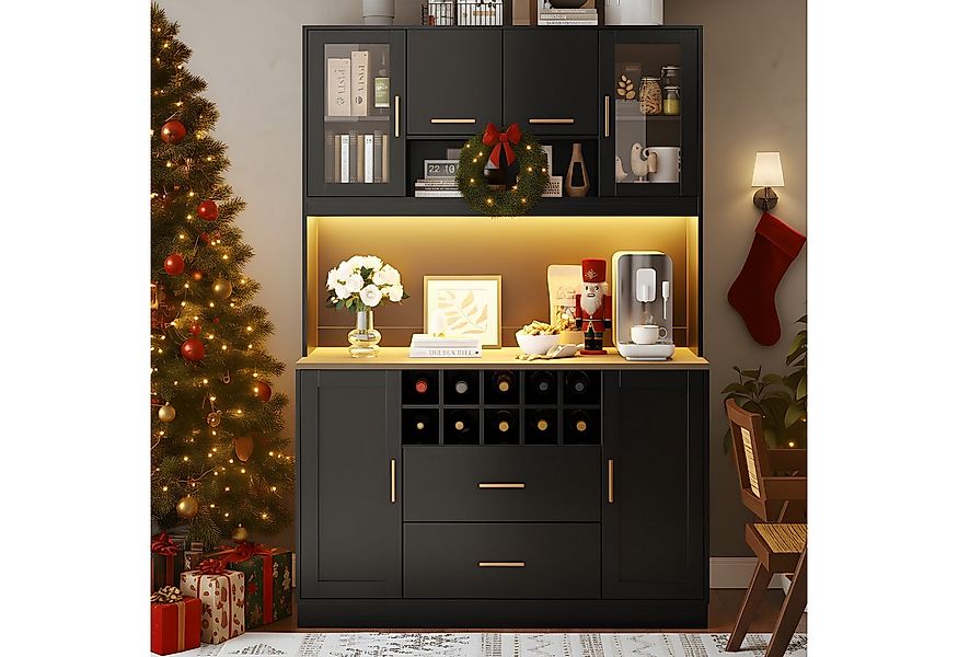 Flieks Küchenbuffet mit LED-Beleuchtung, Steckdose, Weinregal, 2 Schubladen günstig online kaufen