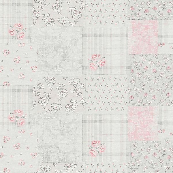 Bricoflor Patchwork Tapete Rosa Weiß Grau Shabby Chic Vlistapete mit Rosen günstig online kaufen