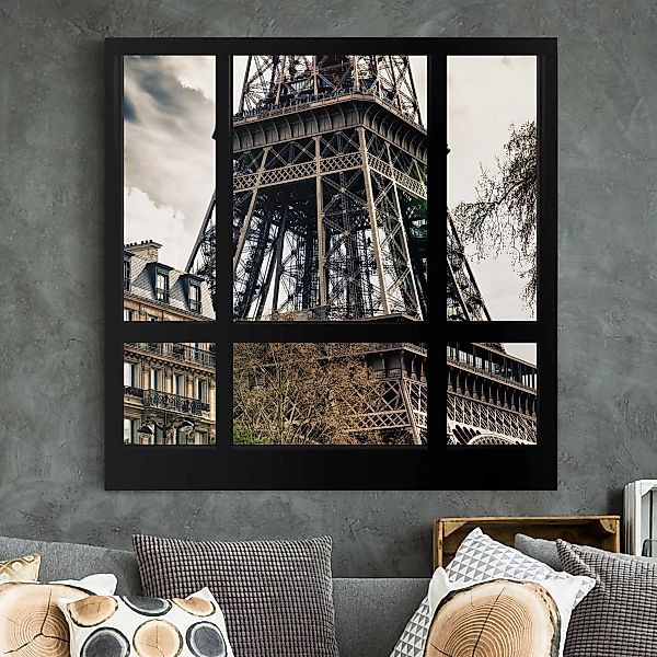 Leinwandbild Paris - Hochformat Fensterausblick Paris - Nahe am Eiffelturm günstig online kaufen