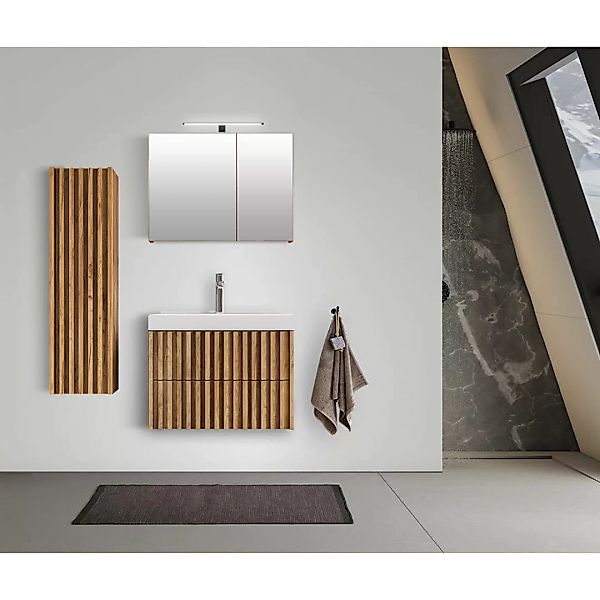 Badmöbel Set 3-teilig 80 cm Waschtisch, LED Spiegelschrank Eiche Desio-107 günstig online kaufen
