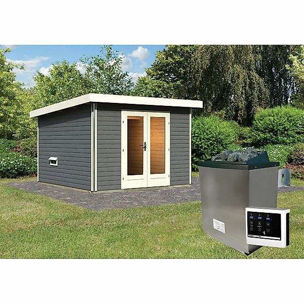 Karibu Saunahaus Magnus 1 Set B Terragrau mit Ofen 9 kW ext. Strg. günstig online kaufen