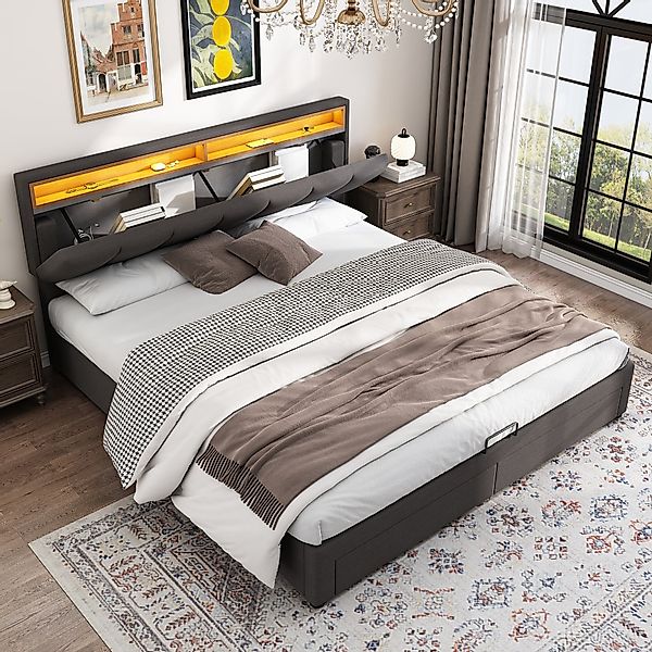 HAUSS SPOLE Polsterbett 180x200cm mit LED-Beleuchtung,Schubladen günstig online kaufen