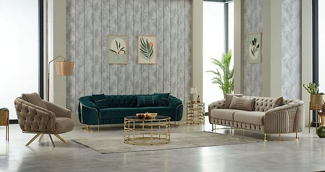 JVmoebel Sofa Komplette Couchgarnitur Polstersofa Dreisitzer Sessel Beige S günstig online kaufen