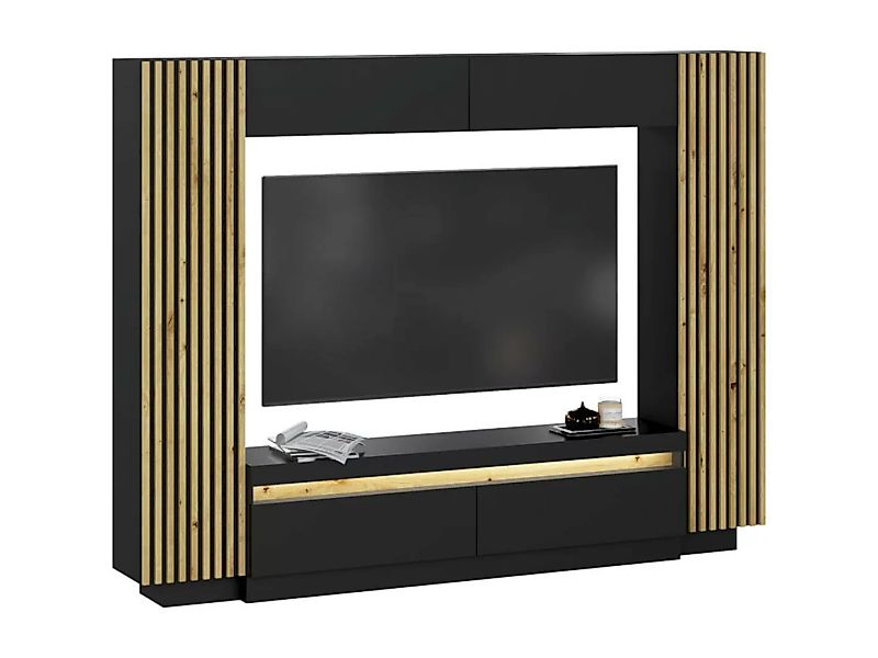 TV-Wand mit Stauraum - LEDs - Schwarz & Holzfarben - LIONEA günstig online kaufen