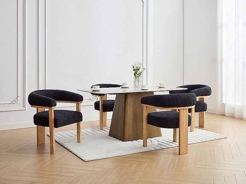 Stuhl mit Armlehnen - Bouclé-Stoff & Kautschukholz - Schwarz & Holzfarben - günstig online kaufen