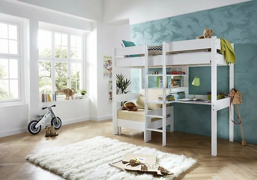 Natur24 Kinderbett Hochbett und Sessel Noel Buche Massiv Weiß lackiert 90x2 günstig online kaufen