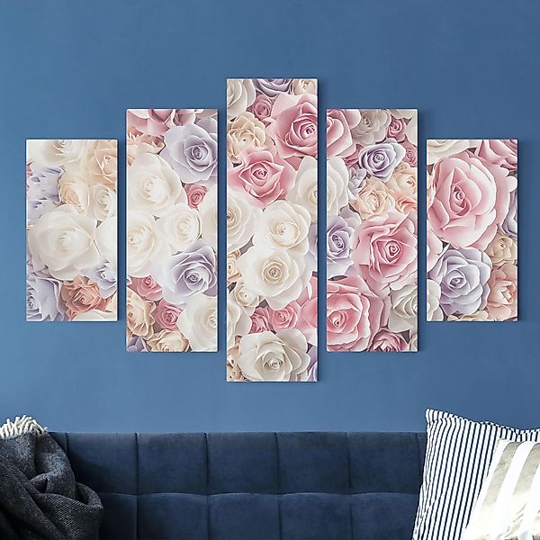 5-teiliges Leinwandbild - Querformat Pastell Paper Art Rosen günstig online kaufen