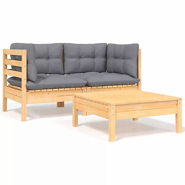 3-tlg. Garten-lounge-set Mit Grauen Kissen Kiefer Massivholz günstig online kaufen