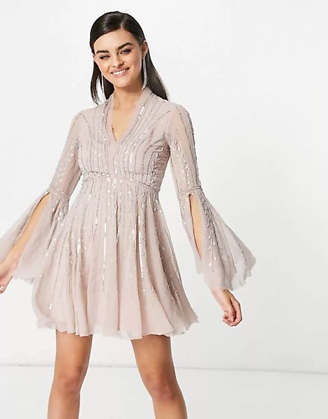 ASOS DESIGN – Verziertes Mini-Skater-Kleid mit ausgestellten Ärmeln-Rosa günstig online kaufen
