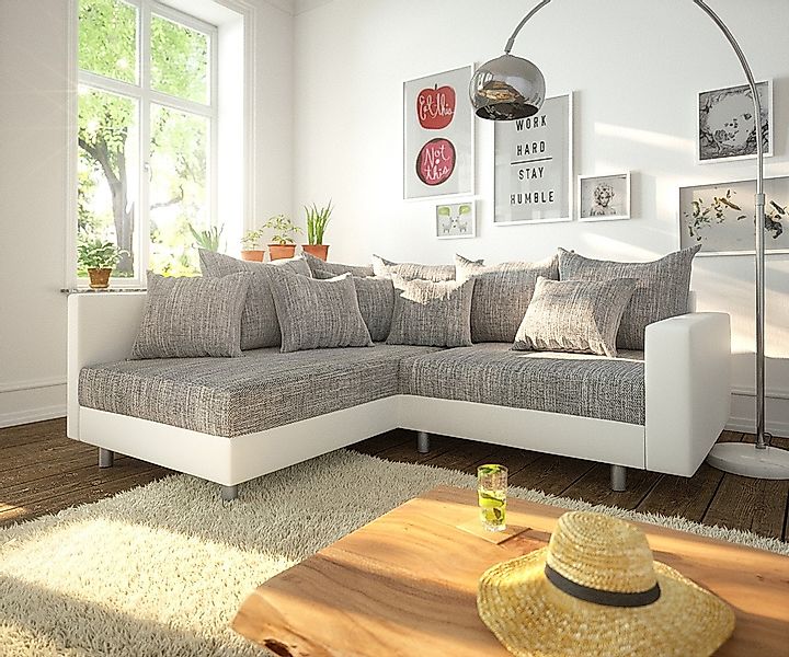 DELIFE Ecksofa Clovis, Weiss Hellgrau Armlehne günstig online kaufen