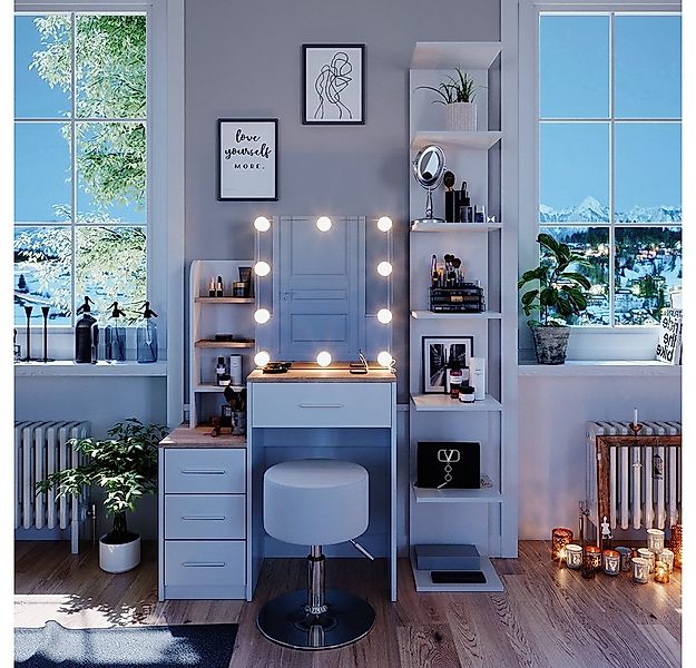 Vicco Schminktisch Conrada, Weiß/Sonoma, 80 cm mit LED Beleuchtung und Hock günstig online kaufen