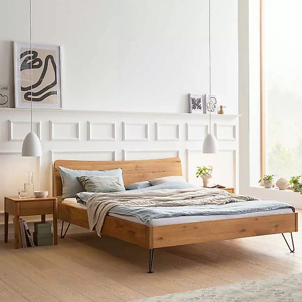 Wildeiche Natur geölt Bett 140x200 cm Vierfußgestell aus Metall günstig online kaufen
