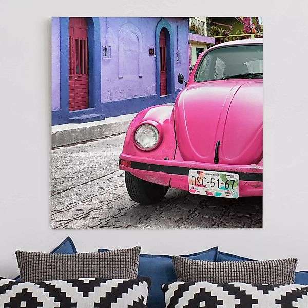Leinwandbild Architektur & Skyline - Quadrat Pink VW Beetle günstig online kaufen