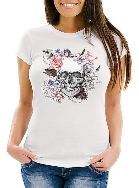 Neverless Print-Shirt Damen T-Shirt Totenkopf Blumen Flower Skull Boho Schä günstig online kaufen