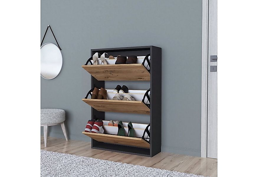 en.casa Schuhschrank »Aurskog« mit Kipptüren 110x73 5x24cm Anthrazit/Eiche günstig online kaufen