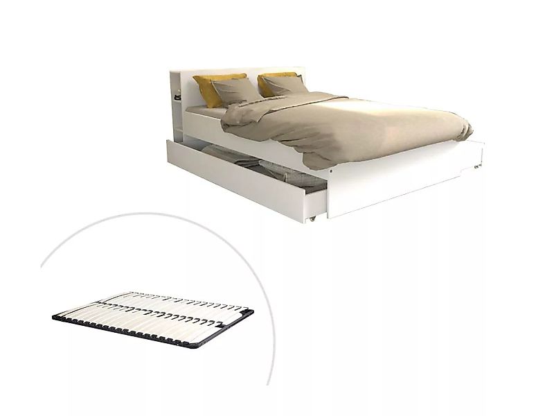 Bett mit Kopfteil & Stauraum & Schubladen + Lattenrost - 140 x 190 cm - Wei günstig online kaufen