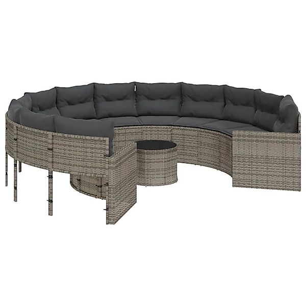 vidaXL Gartensofa mit Tisch und Kissen Rund Grau Poly Rattan 3318536 günstig online kaufen